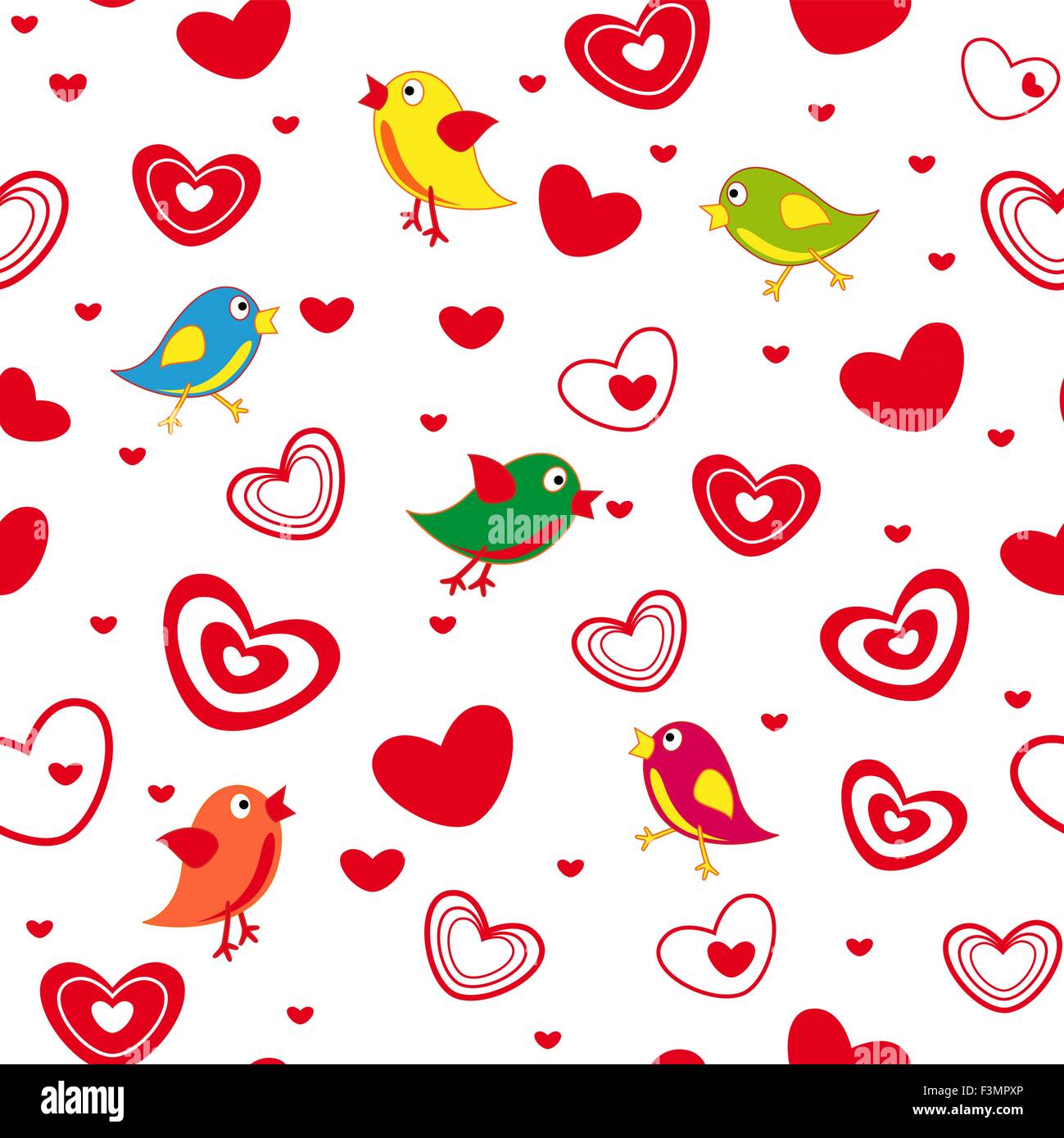 Nahtlose Vektormuster mit niedlichen Vögel und verschiedene rote Valentine Herzen auf dem weißen Hintergrund Stock Vektor