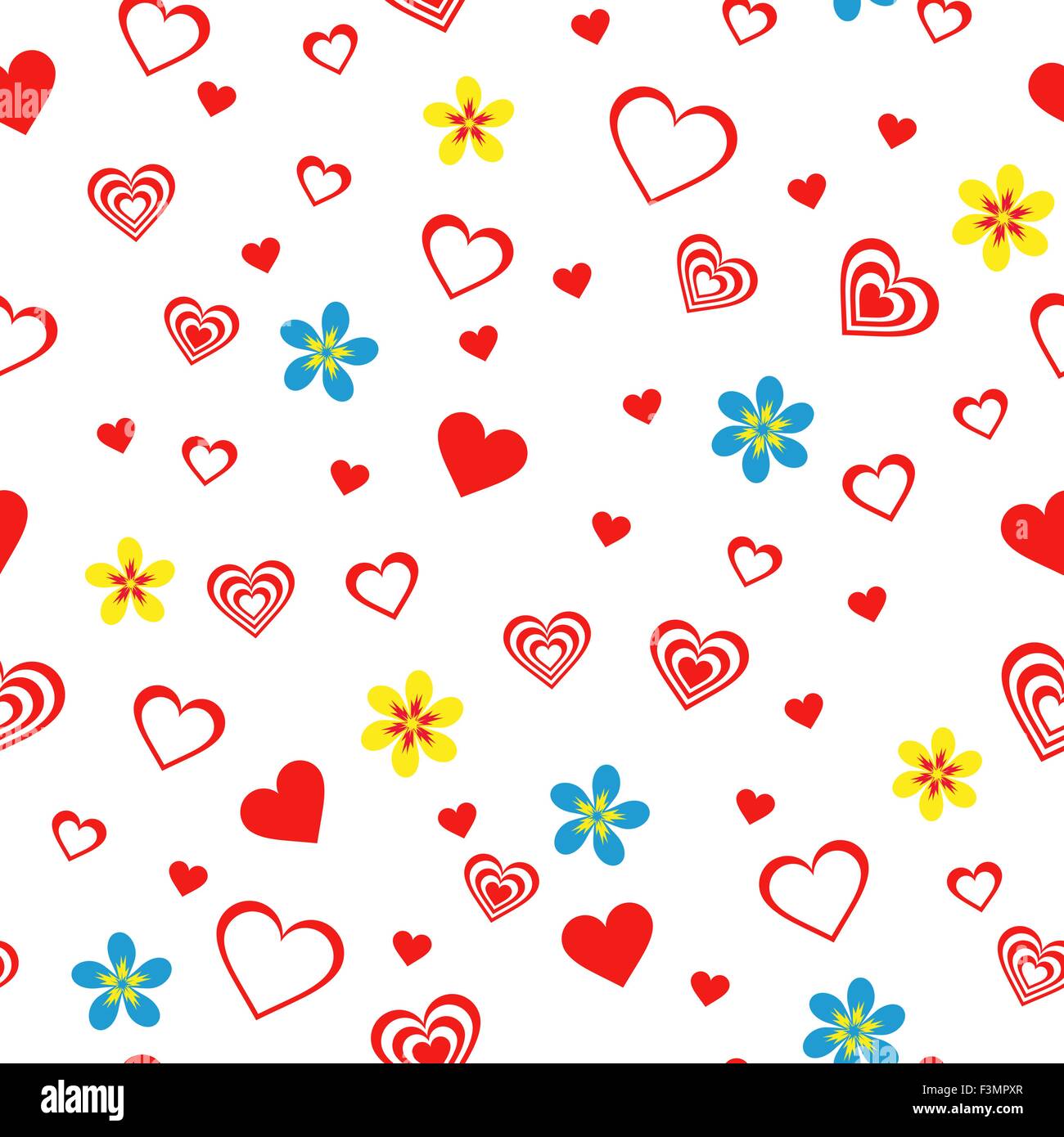Nahtloser Vektormuster mit Blumen und verschiedenen roten Valentine Herzen auf dem weißen Hintergrund Stock Vektor