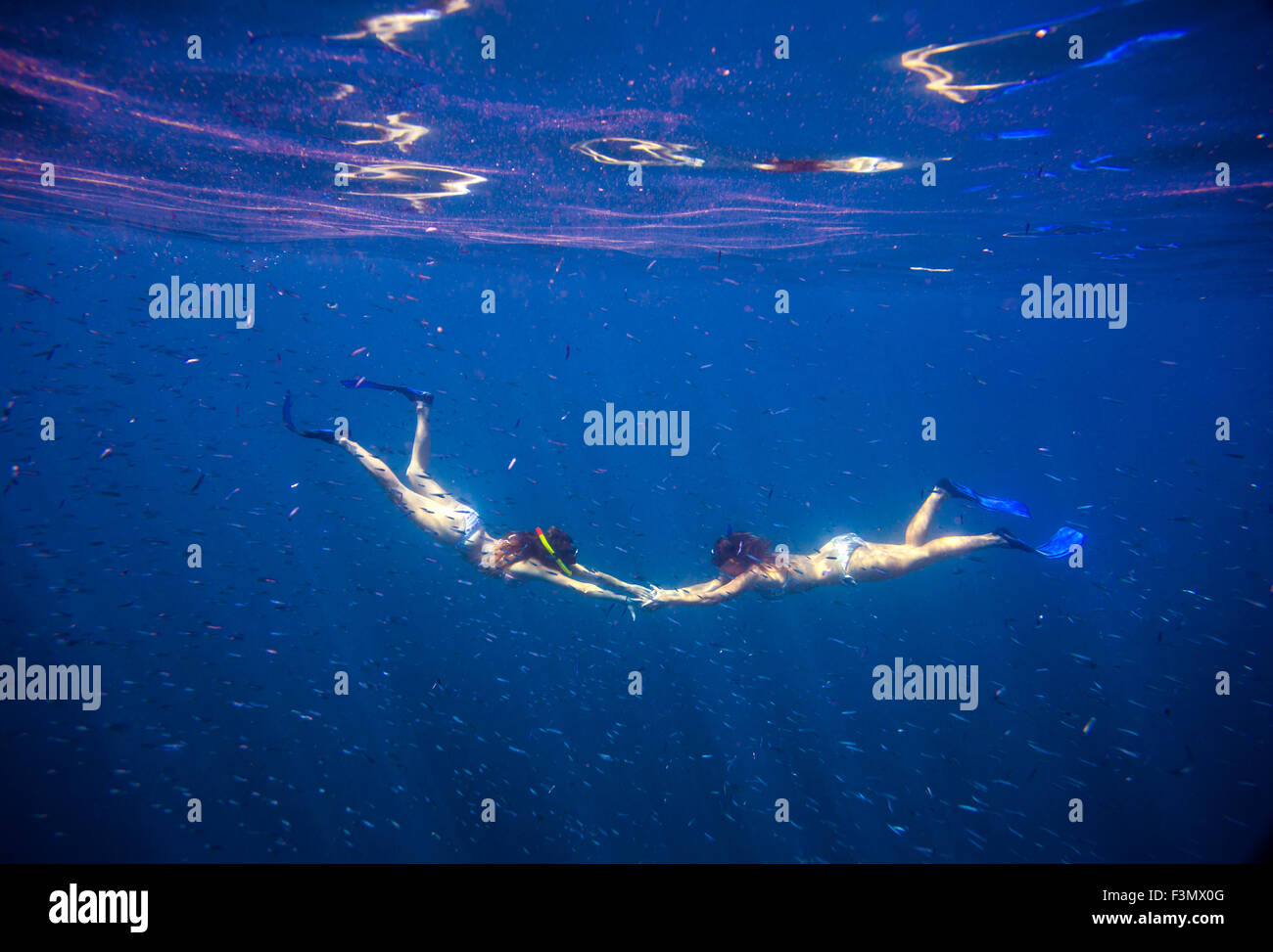 Zwei junge Frau im Meer Schnorcheln. Stockfoto