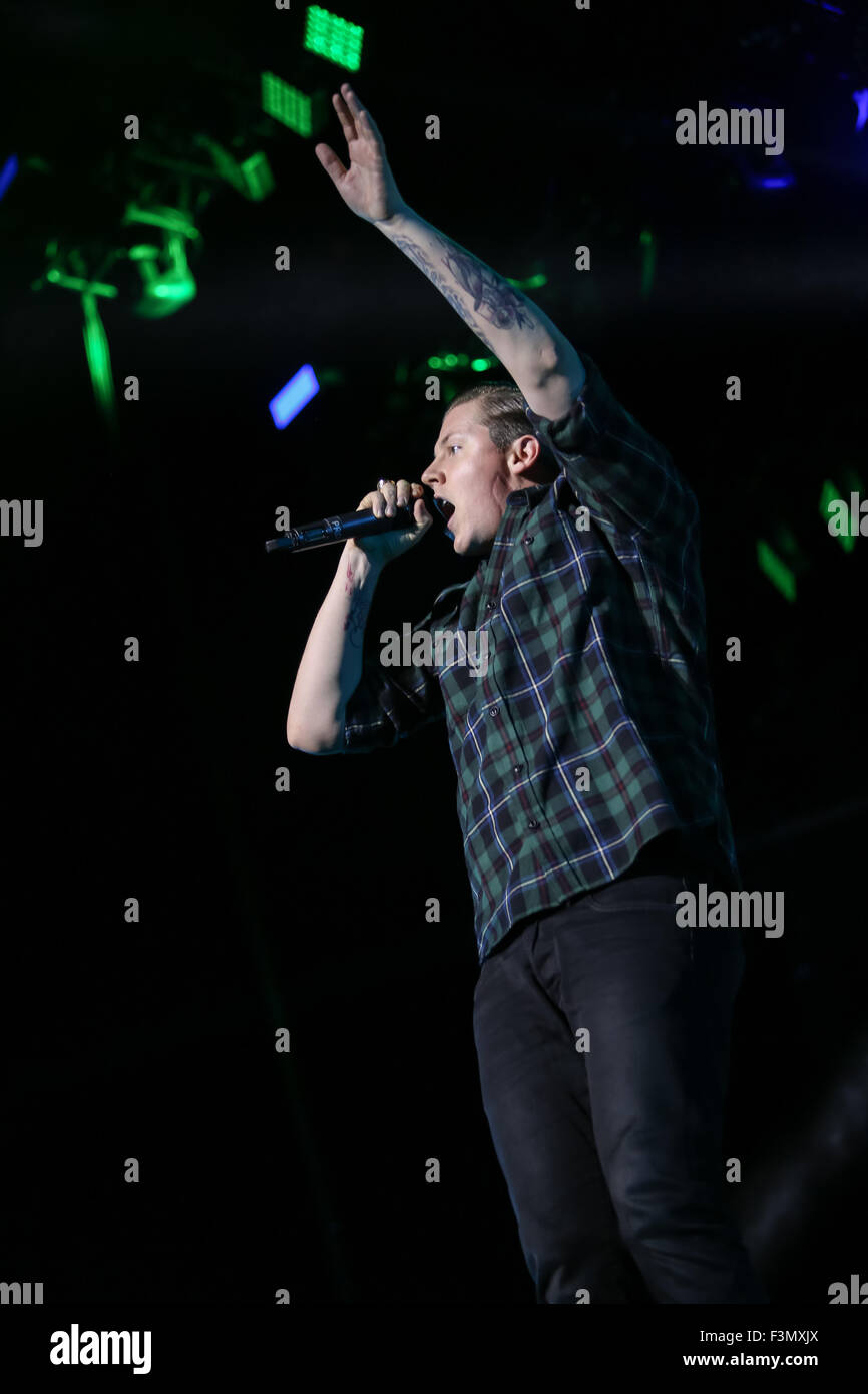 Manchester, UK. 9. Oktober 2015. Professor Green führt live in Manchester Arena Unterstützung von Fall Out Boy auf ihrer letzten UK-Tour. Bildnachweis: Simon Newbury/Alamy Live-Nachrichten Stockfoto