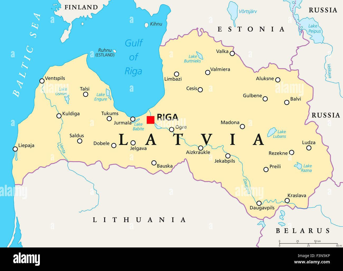 Lettland politische Karte mit Hauptstadt Riga, Landesgrenzen, wichtige