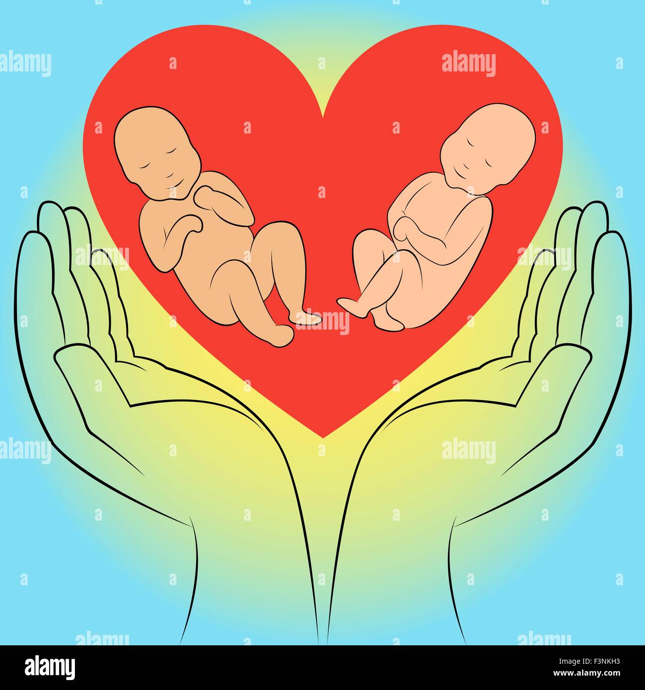 Zwei ungeborenen Babys in menschlicher Hand auf dem Herz Hintergrund. Hand-Zeichnung-Vektor-illustration Stock Vektor