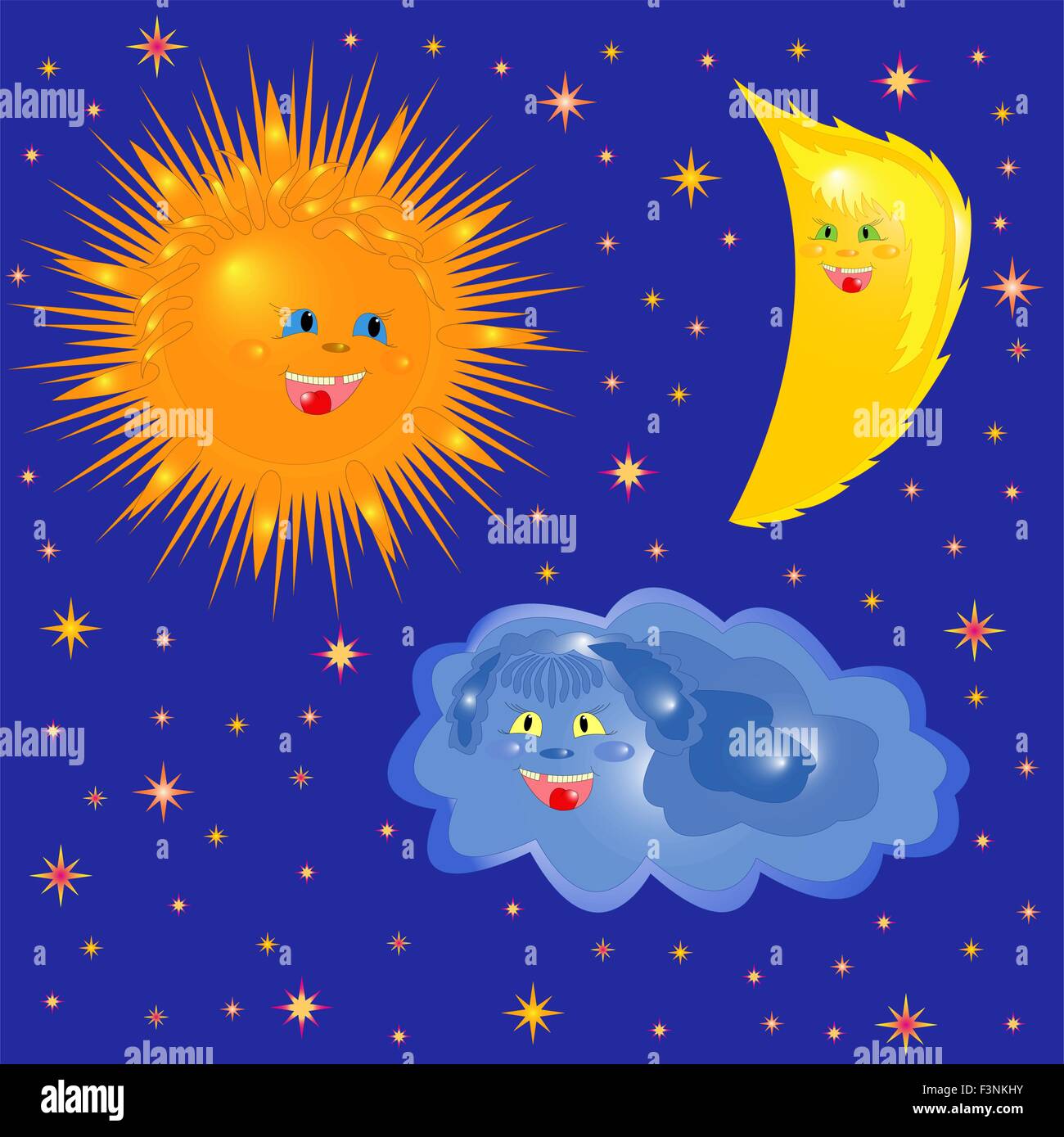 Sonne, Mond und Cloud auf dem Hintergrund der Sternenhimmel. Hand-Zeichnung-Cartoon-Vektor-Illustration Stock Vektor