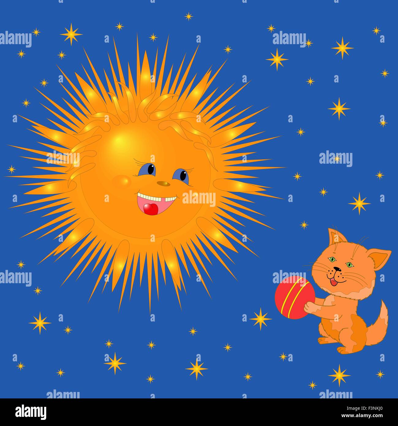 Lächelnde Sonne und Kätzchen mit einem Ball gegen den Himmel. Hand-Zeichnung-Cartoon-Vektor-Illustration Stock Vektor