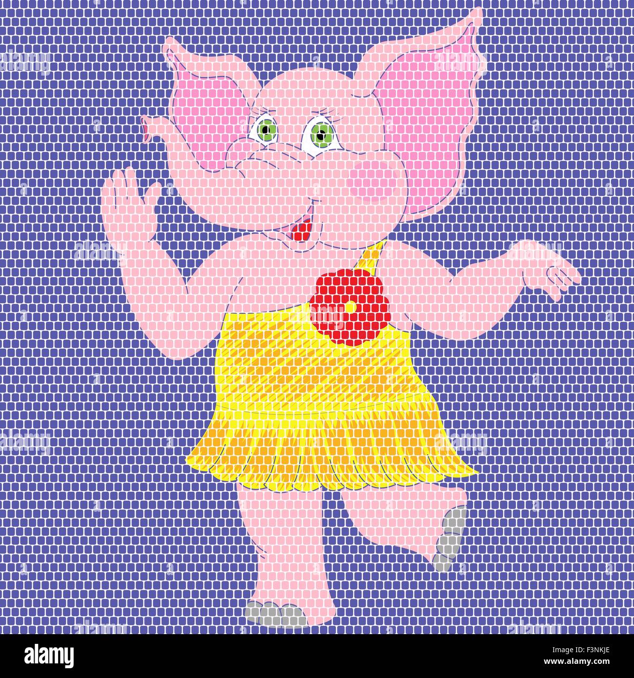 Mosaik-Bild Staubperlen Arbeit freudige rosa Elefanten in einem gelben Kleid auf einem blauen Hintergrund. Handgefertigte Vektor-illustration Stock Vektor