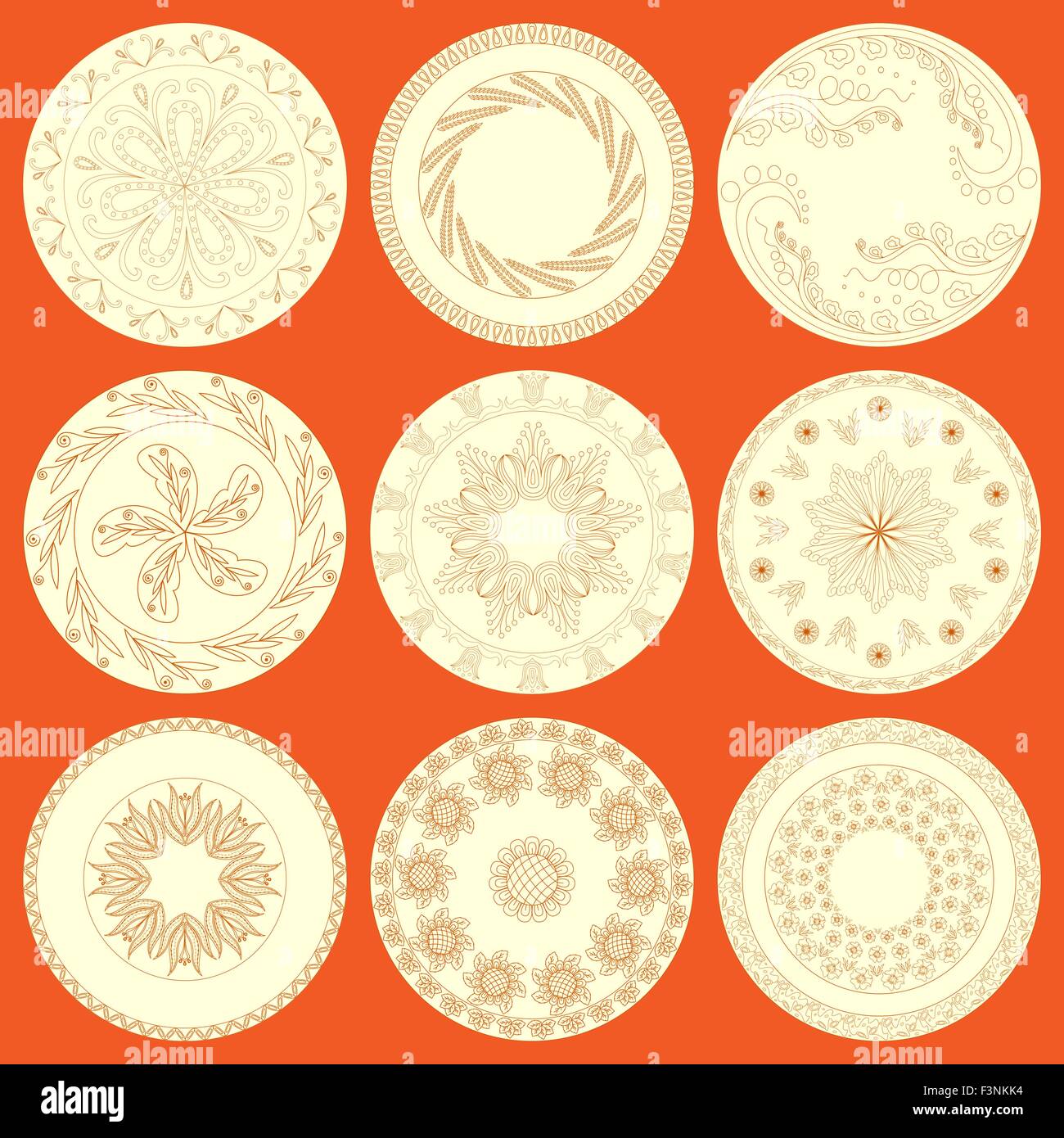 Satz von neun Platten mit verschiedenen Hand Zeichnung floralen Mustern als keramisches Geschirr. Bearbeitbares Vektor-illustration Stock Vektor