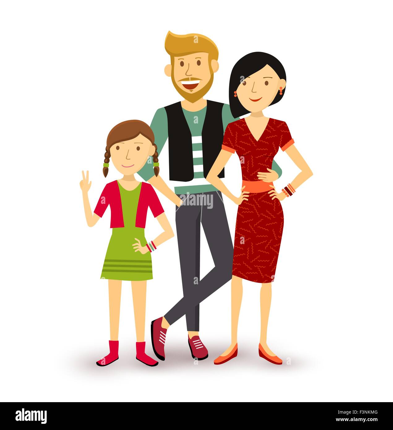 Menschen Sammlung: ein Kind glücklich Familiengruppe Generation mit Vater, Mutter und junge Tochter in flachen Stil Abbildung. Stock Vektor