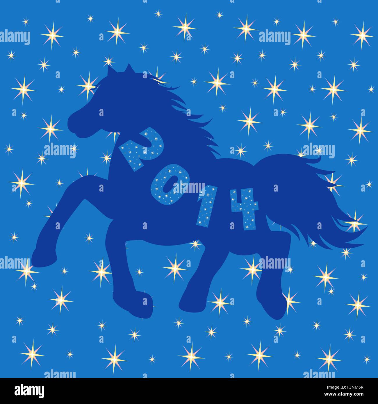 Silhouette Symbol 2014 blau Pferd auf blauem Hintergrund mit vielen Stars, Hand-Zeichnung-Vektor-illustration Stock Vektor