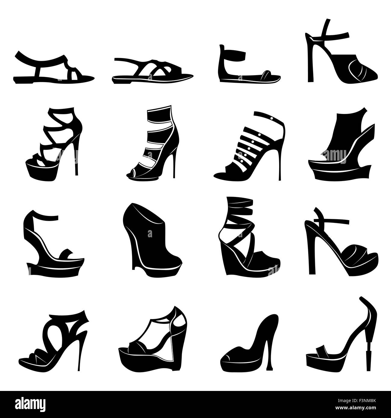 Sammlung von sechzehn Silhouetten von verschiedenen stilvollen Frauen Schuhmodelle, B&W Handzeichnung Vektor-illustration Stock Vektor