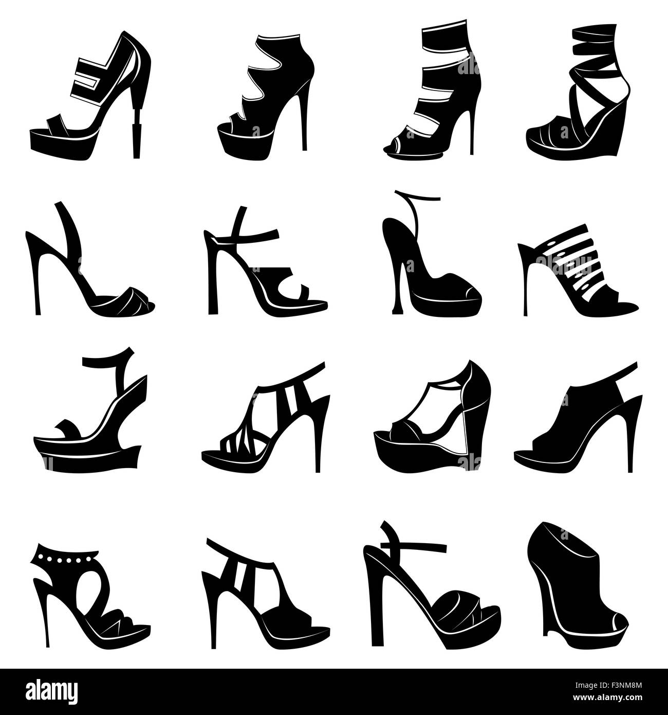 Sammlung von sechzehn verschiedenen Modellen der modebewusste Frauen Schuhe isoliert auf weißem Hintergrund, Handzeichnung Silhouette Vektor-il Stock Vektor