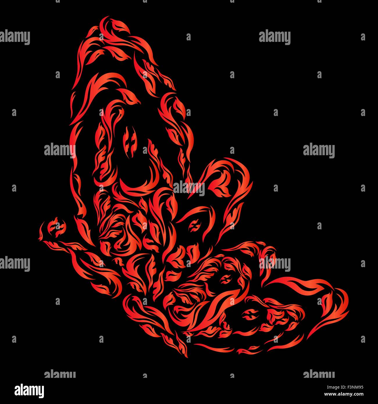 Roten feurigen Schmetterling auf dem schwarzen Hintergrund, Hand Zeichnung stilisierte Vektor-illustration Stock Vektor