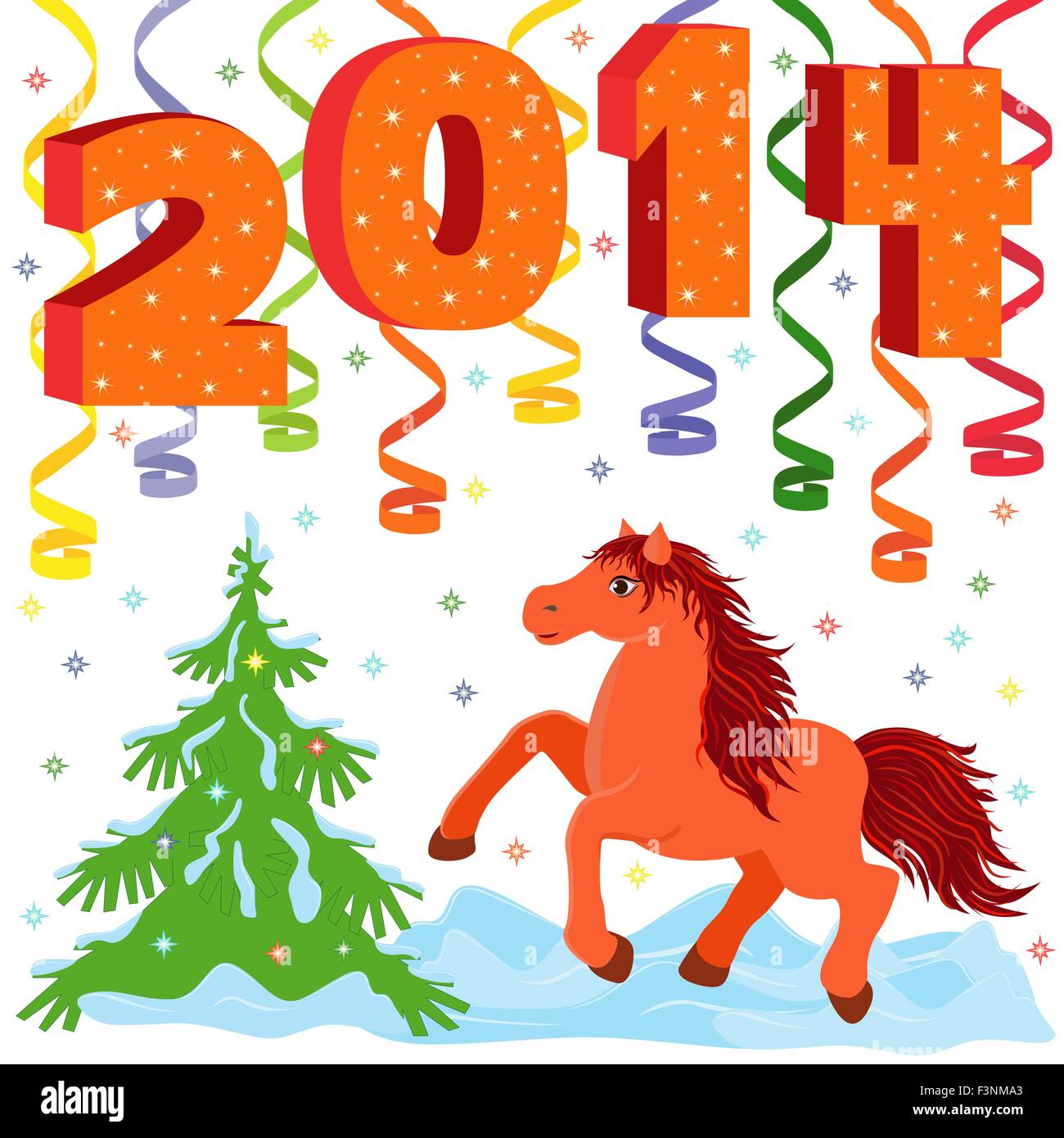 Neujahr-Zusammensetzung und Symbol 2014 Jahr a Running Horse, hand Zeichnung Vektor-Illustration Stock Vektor