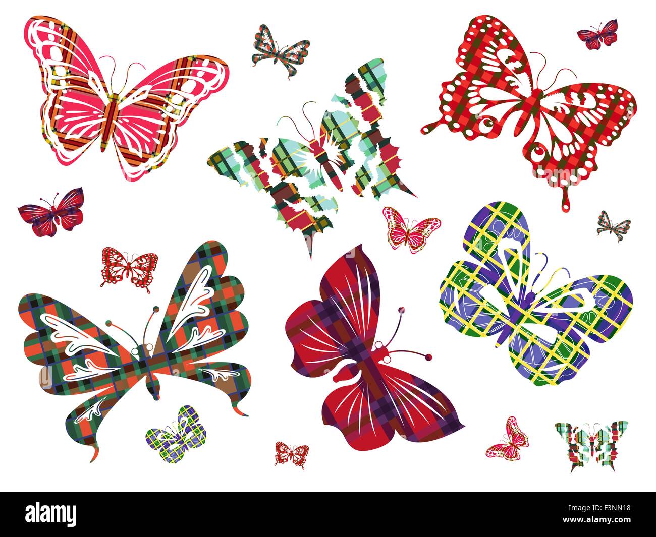 Sechs verschiedene große Schmetterlinge mit keltischen Ornamenten und mehrere ihrer kleineren Versionen auf einem weißen Hintergrund. Handzeichnung Stock Vektor