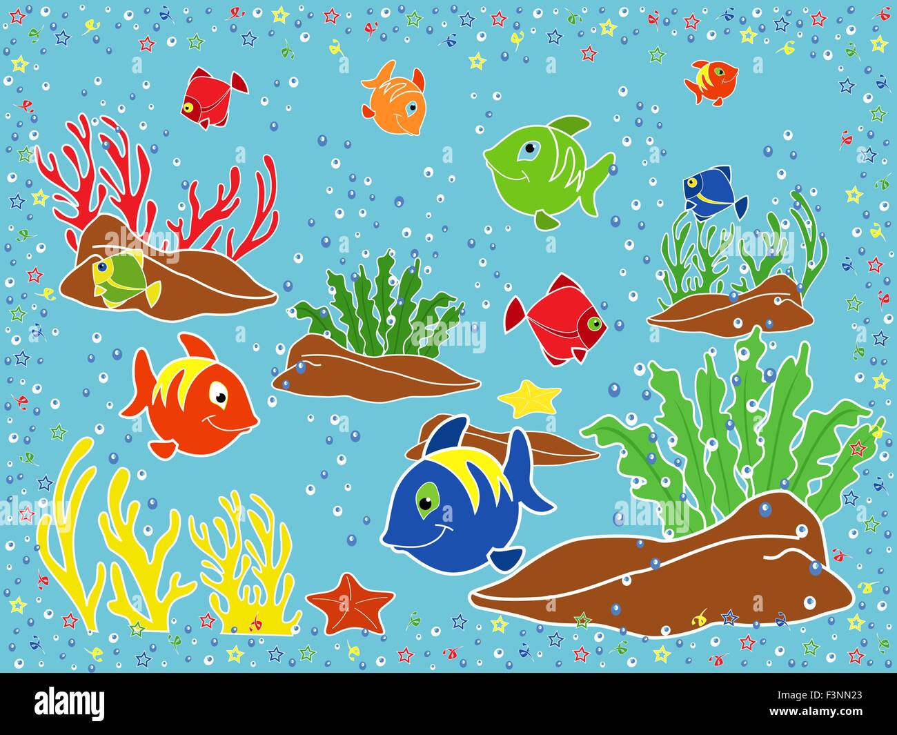 Marine Unterwasserwelt. Fische, Korallen, Seesterne und Algen auf dem Meeresboden. Hand-Zeichnung-Vektor-illustration Stock Vektor