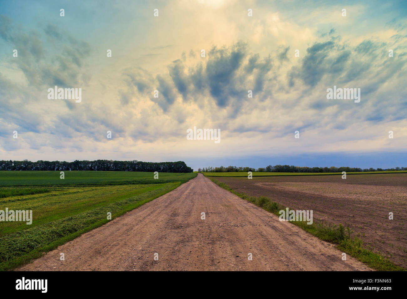 Verschmutzte Straße nach dramatischen Himmel Sommer in Ungarn Stockfoto