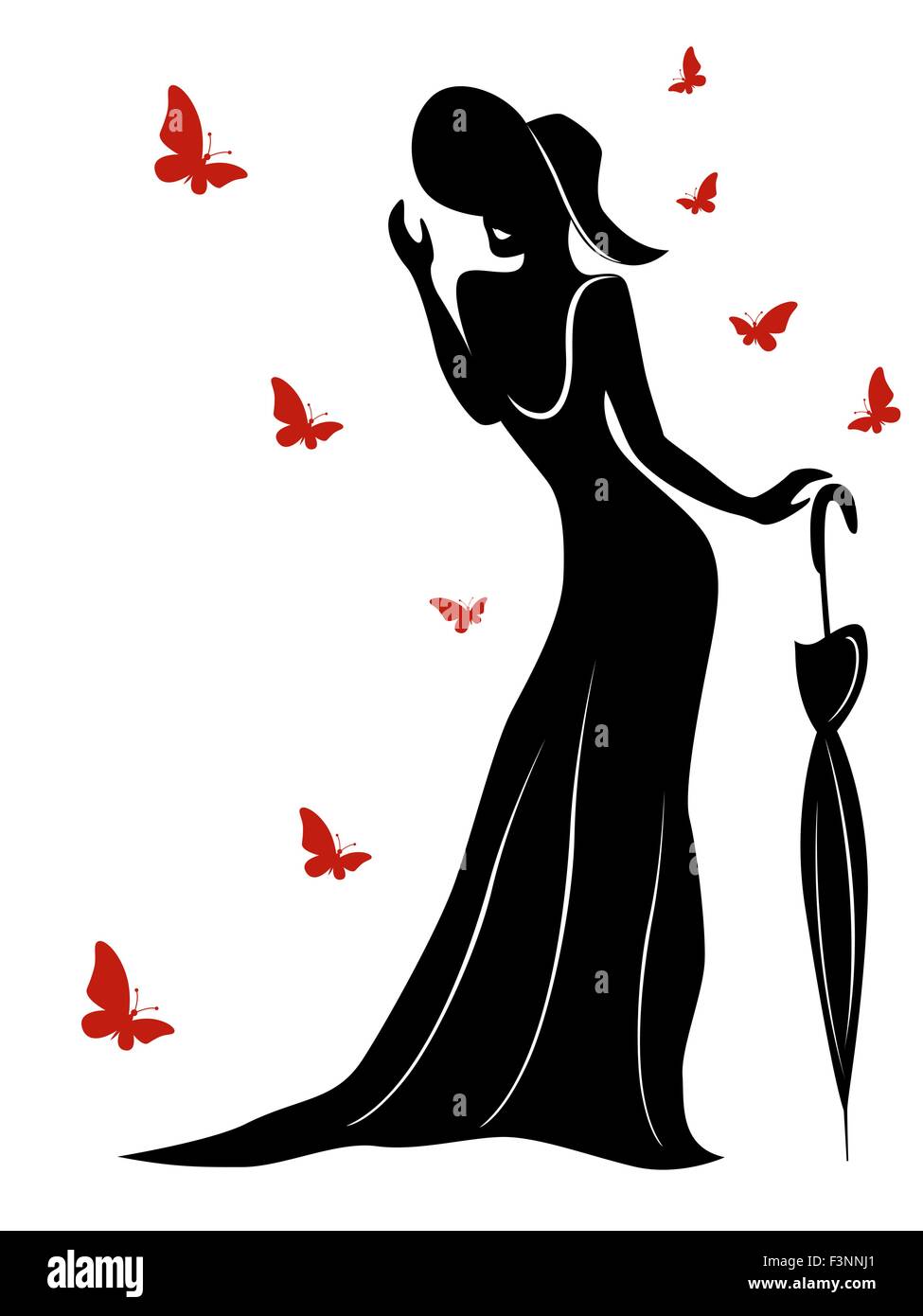 Dame in langem Kleid und einen Hut mit einem Regenschirm und Schmetterlinge um sie herum, Kontur Vektor-Illustration Stock Vektor