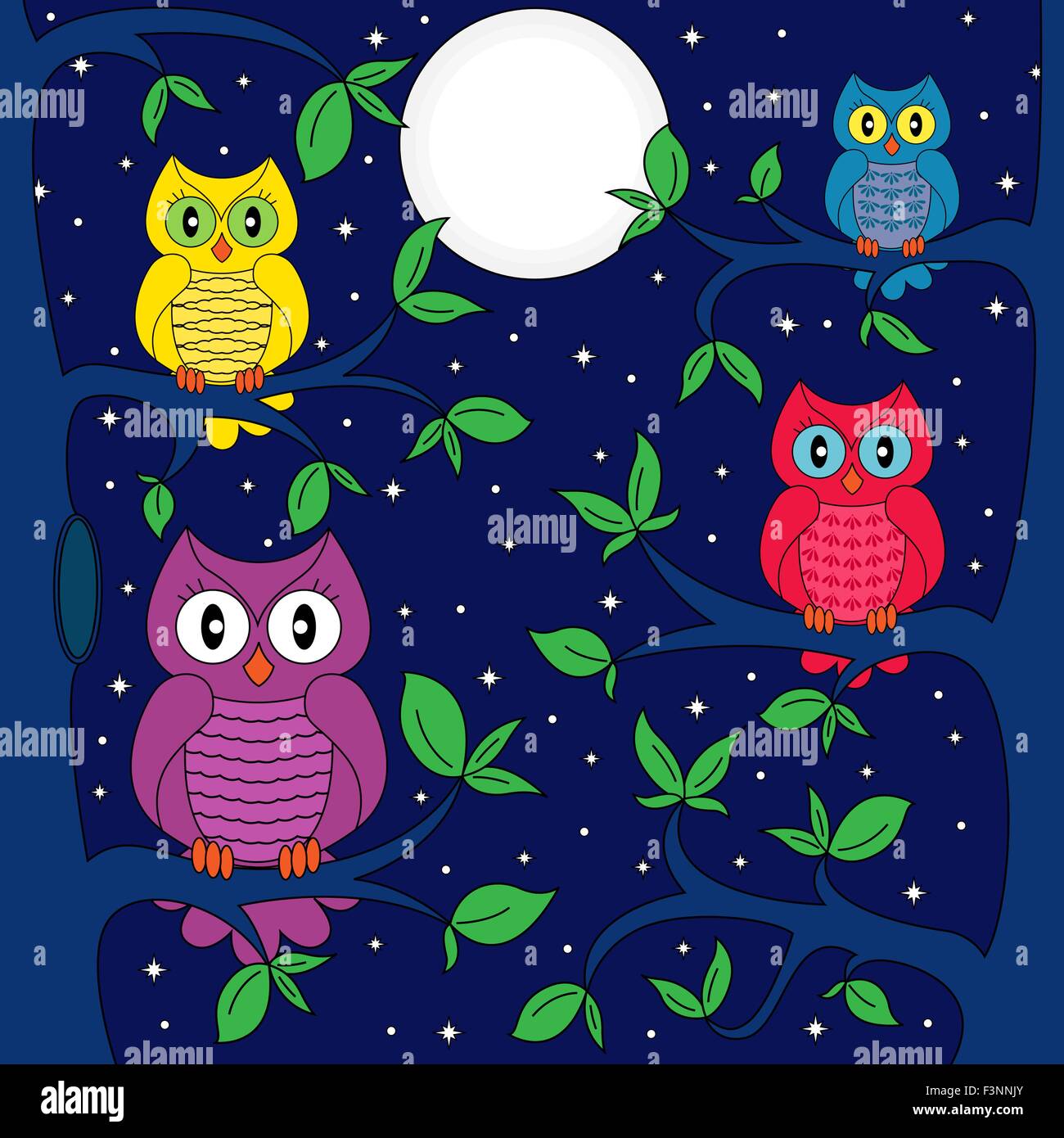 Eulen sitzen auf einem Baum in einer Nacht Mondlicht hand Zeichnung Cartoon-Vektor-illustration Stock Vektor
