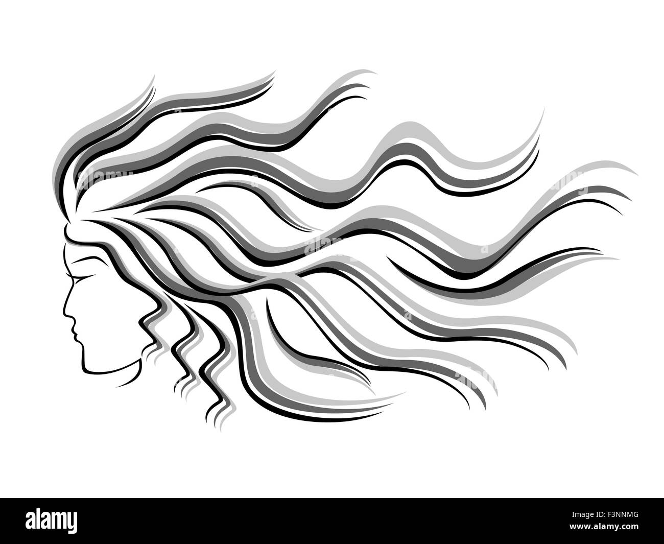 Schwarze und graue Silhouette des weiblichen Kopf mit fließendem Haar, Handzeichnung Vektor-Illustration Stock Vektor