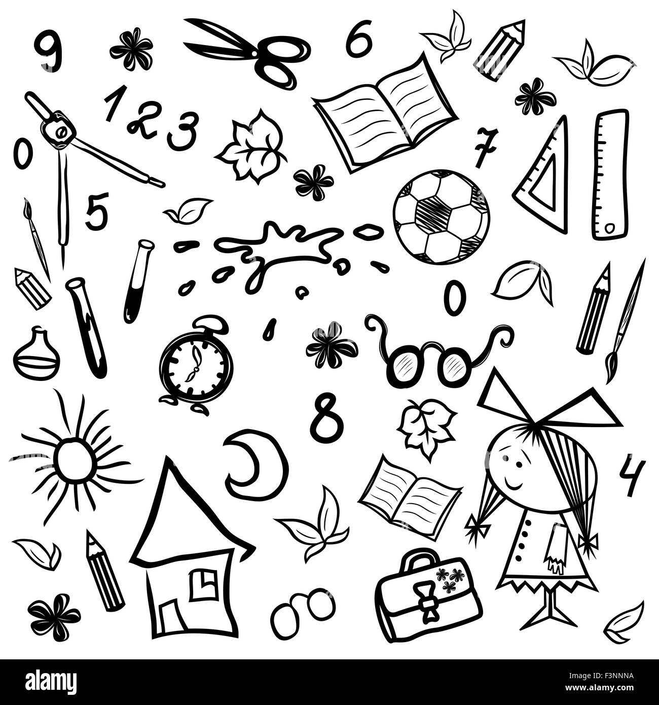 Satz von monochromen Zeichnungen von Kindern und Schule Themen, Vektor-Illustration Handzeichnung Stock Vektor