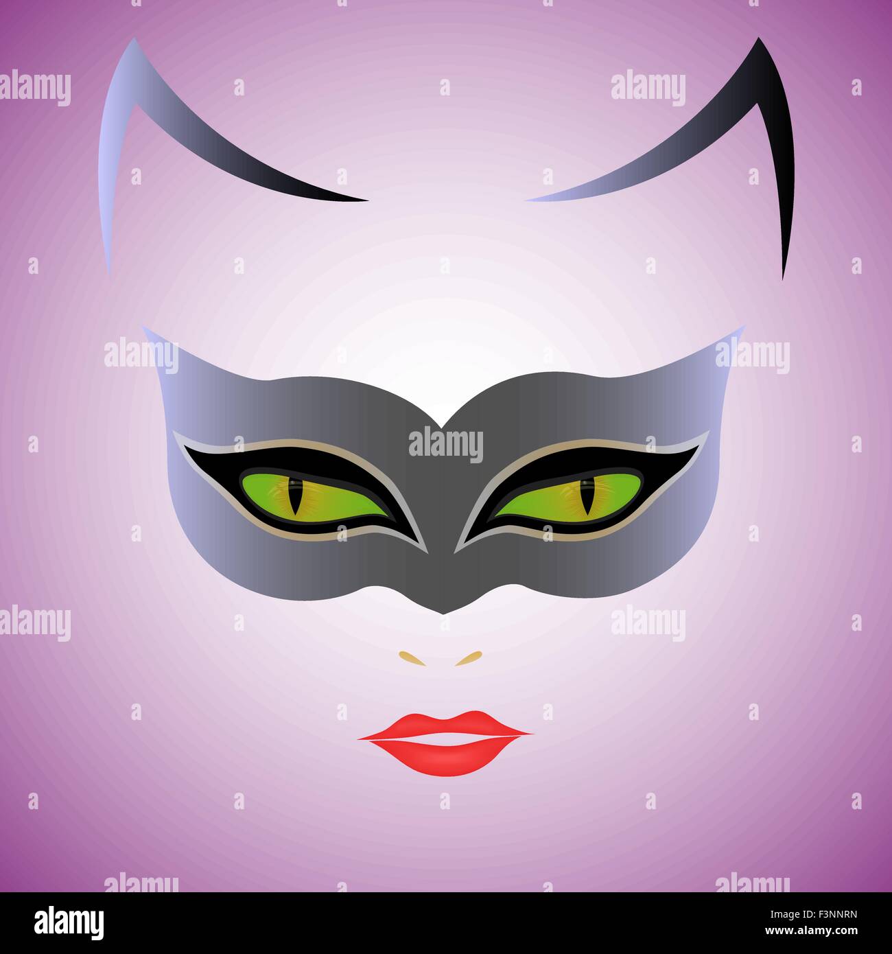 Frau Katze mit grünen Augen in der Maske auf violettem Hintergrund, Handzeichnung Vektor-illustration Stock Vektor