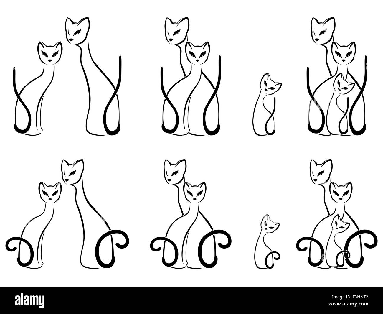 Satz von Kontur Skizzen der Katze Familien, Cartoon-Vektor-Illustration auf weißem Hintergrund Stock Vektor