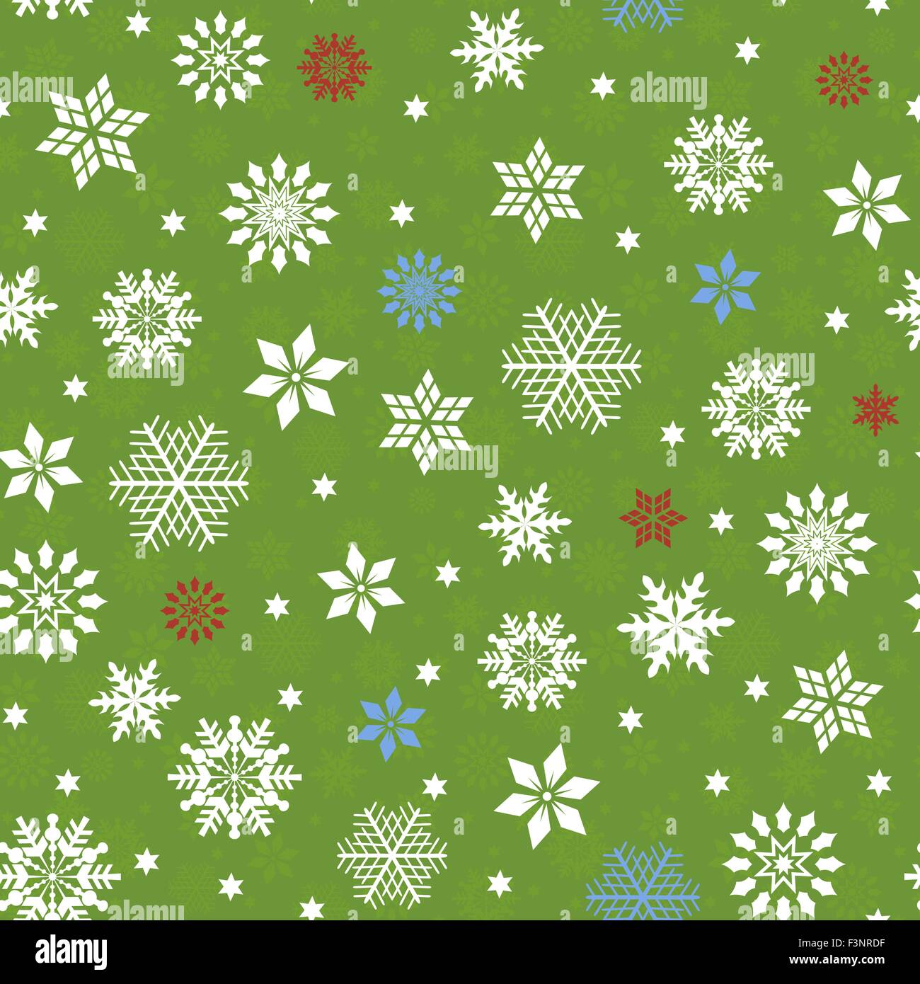 Nahtlose Vektormuster mit vielen Schneeflocken über grüne nahtlose Hintergrund Stock Vektor