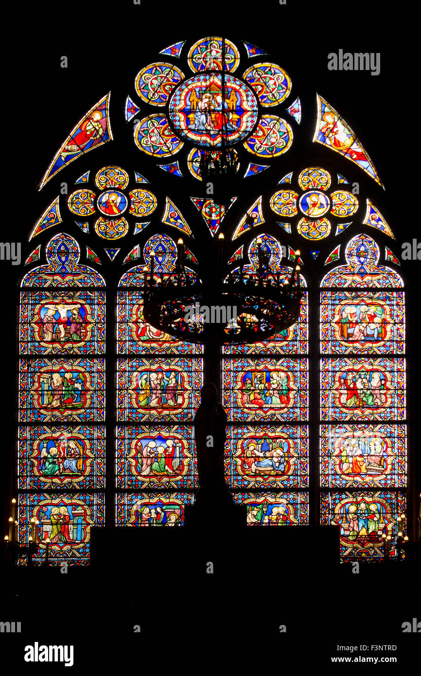 Glasmalerei-Fenster auf der Südfassade der Kathedrale Notre Dame in Paris, Frankreich. Stockfoto