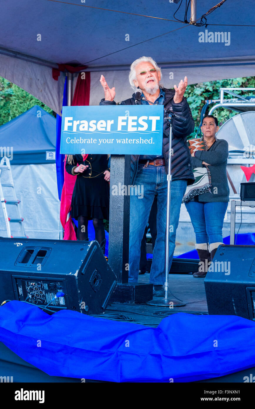 David Suzuki, Umweltschützer und Nature of Things Wirt, spricht am Fraser Fest, Vancouver, Britisch-Kolumbien, Kanada, Stockfoto