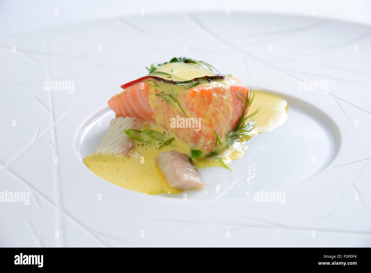 Nouvelle Cuisine Gourmet Lachs Fischgericht Stockfoto