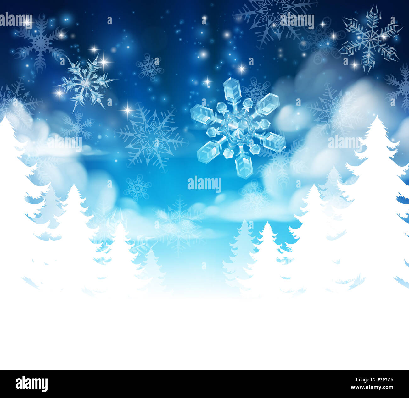 Der Schnee Winter Weihnachtsbäume Hintergrund mit Wolken und Sternen. Überblendungen in weiß auf der Unterseite für die einfache Nutzung als Bordürenmuster oder Kopf Stockfoto