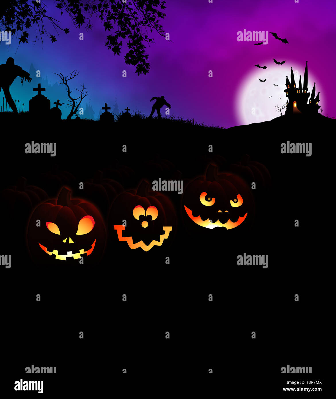 Halloween Scary Night Party Konzept mit glühenden Jack O Lantern Kürbisse am Friedhof und Monster, spukt Horror Burg Stockfoto
