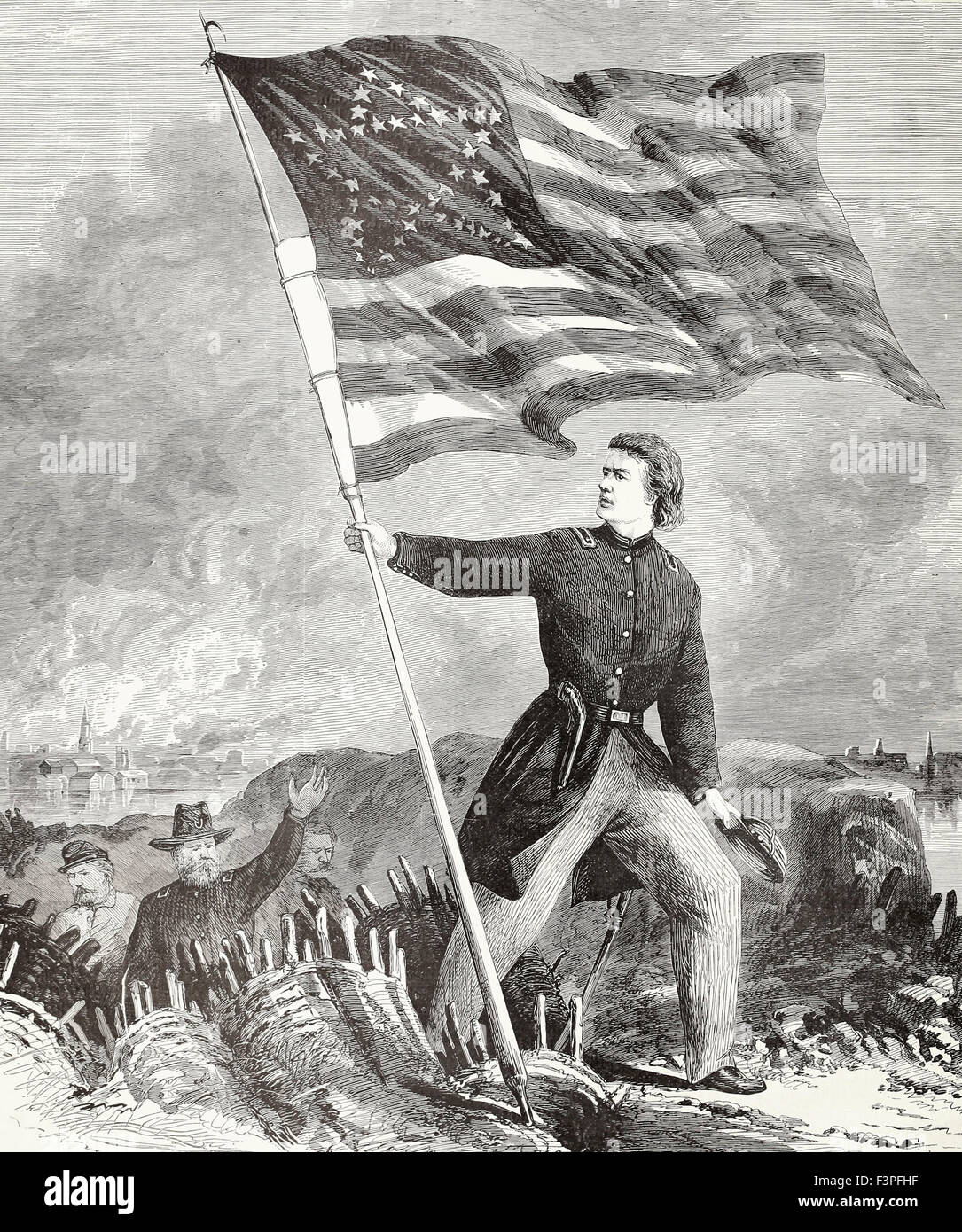 Die alte Flagge wieder auf Sumter - aufgewachsen auf einer Bediensteten auf Zeit bildeten ein Ruder und Bootshaken, durch Kapitän H M Bragg General Gilmore Mitarbeiter, 18. Februar 1865. USA Bürgerkrieg Stockfoto