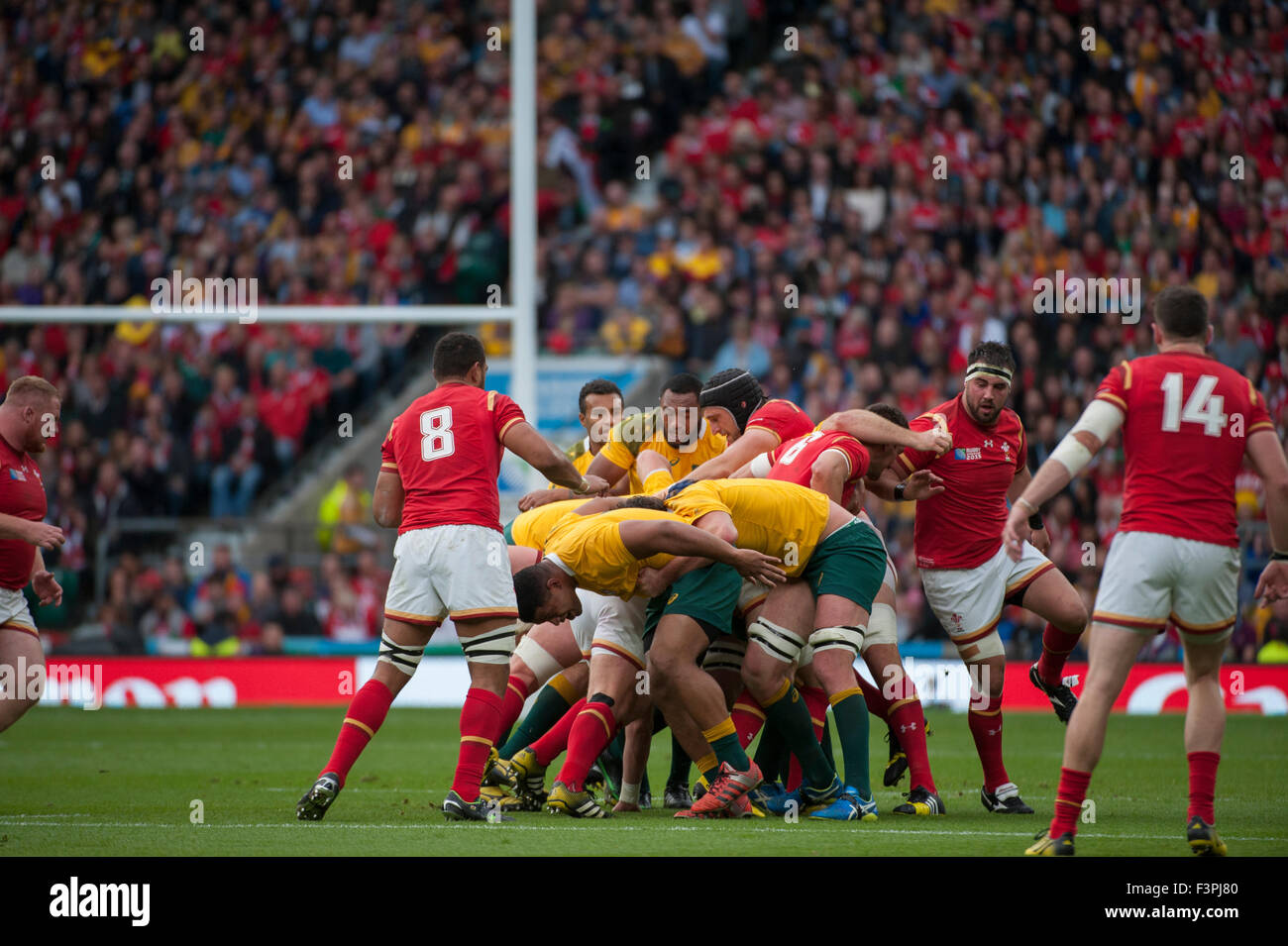 Australien gegen Wales Action, Twickenham Stadium, London, UK. 10. Oktober 2015. Stockfoto