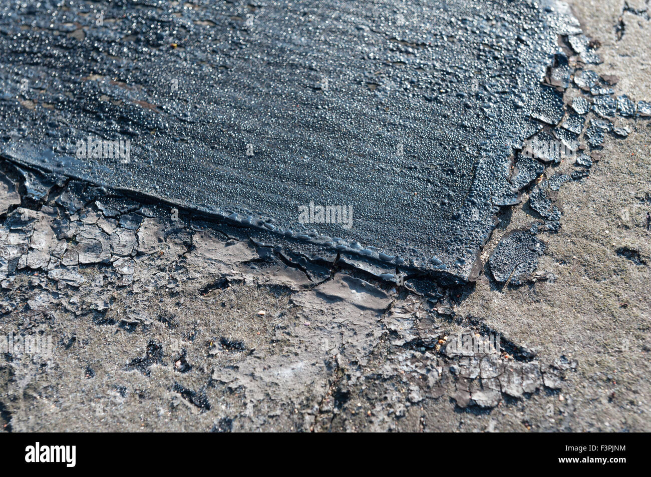Scheitern und der sich verschlechternden Flachdach bis Eröffnung gemeinsame Risse untergegangenen Dach alte und undichte untergegangenen Oberfläche Bitumen fühlte geknackt Stockfoto