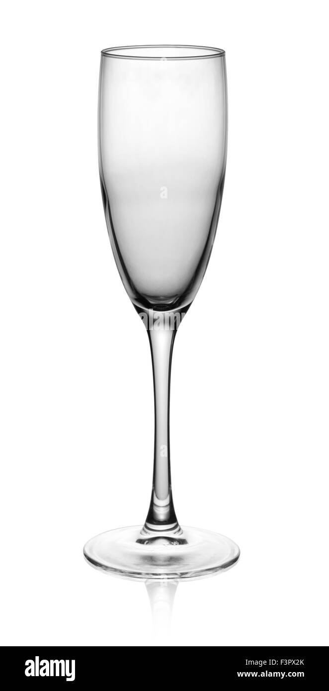 leere Glas Champagner auf dem weißen Hintergrund isoliert. Stockfoto