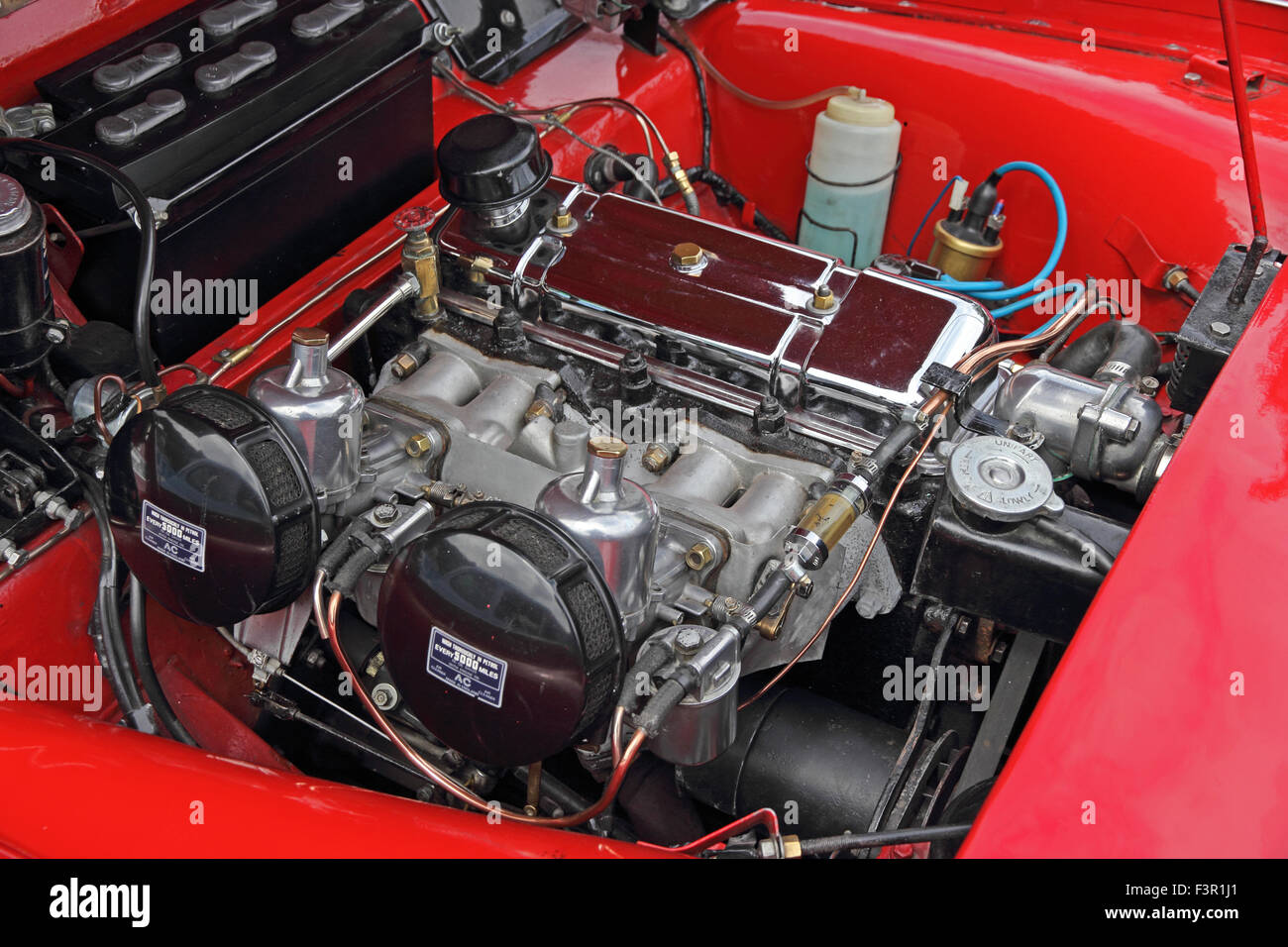 Motorraum des roten Sportwagen 1962 Triumph TR3 Stockfoto