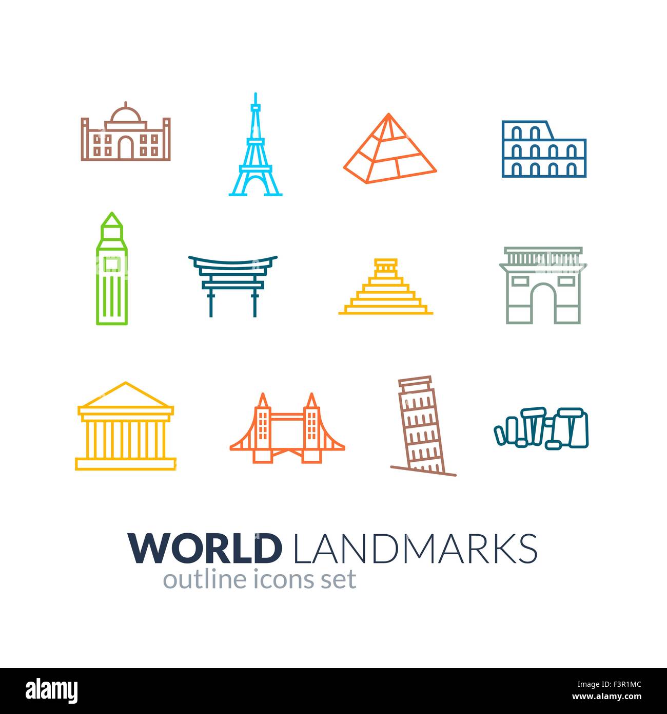 Wahrzeichen der Welt umreißen Icons set Stock Vektor