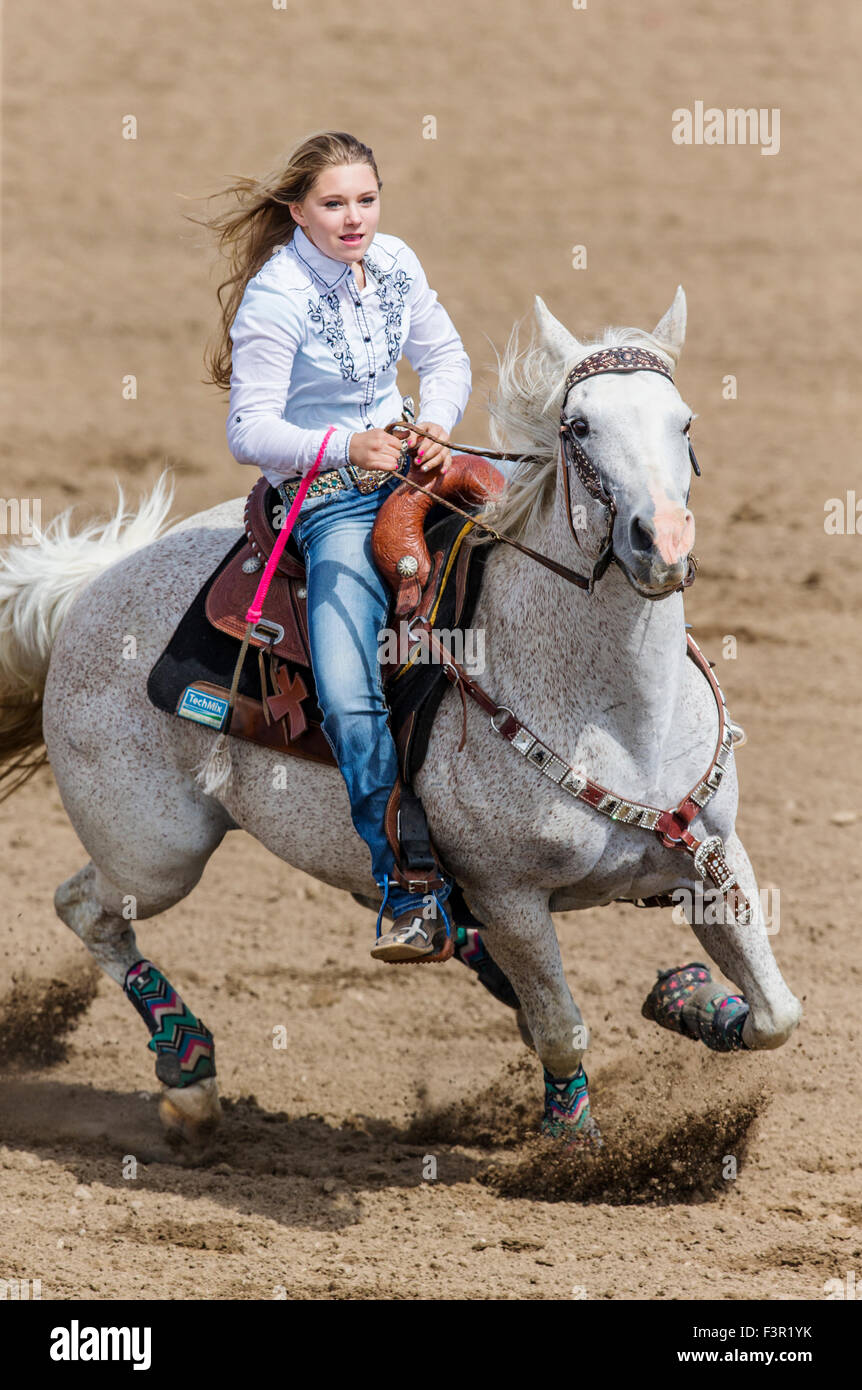 Rodeo Cowgirl auf Reiten im Wettbewerb im Fass Rennveranstaltung, Chaffee County Fair & Rodeo, Salida, Colorado, USA Stockfoto
