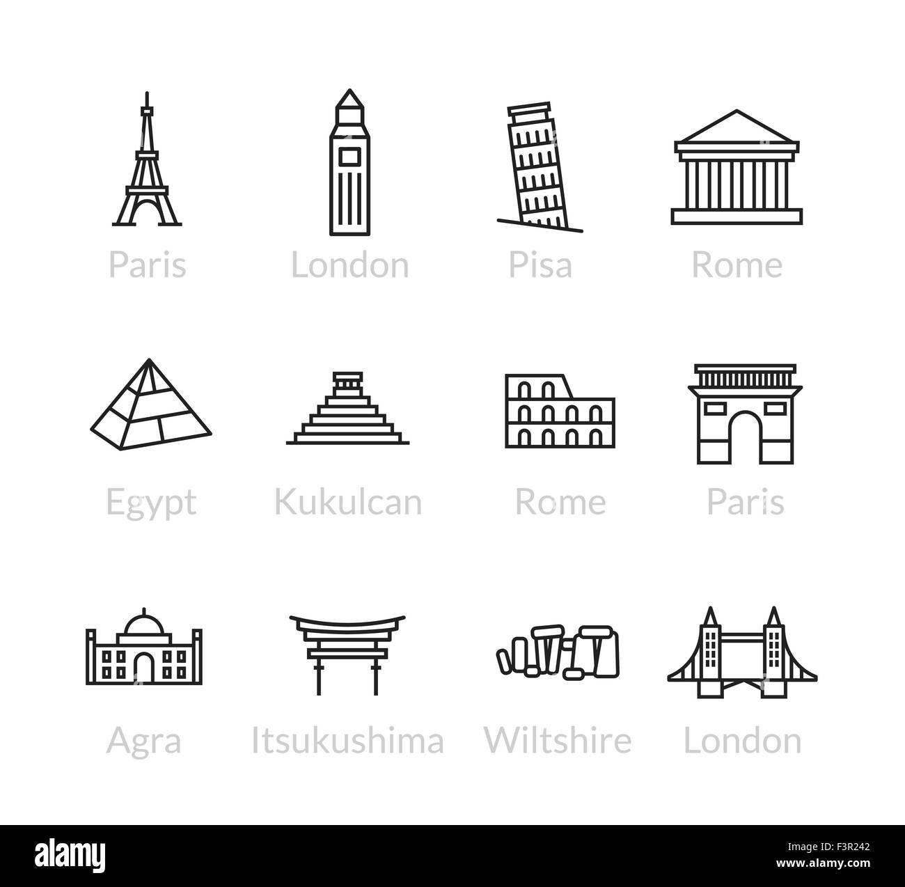 Wahrzeichen der Welt umreißen Icons set Stock Vektor