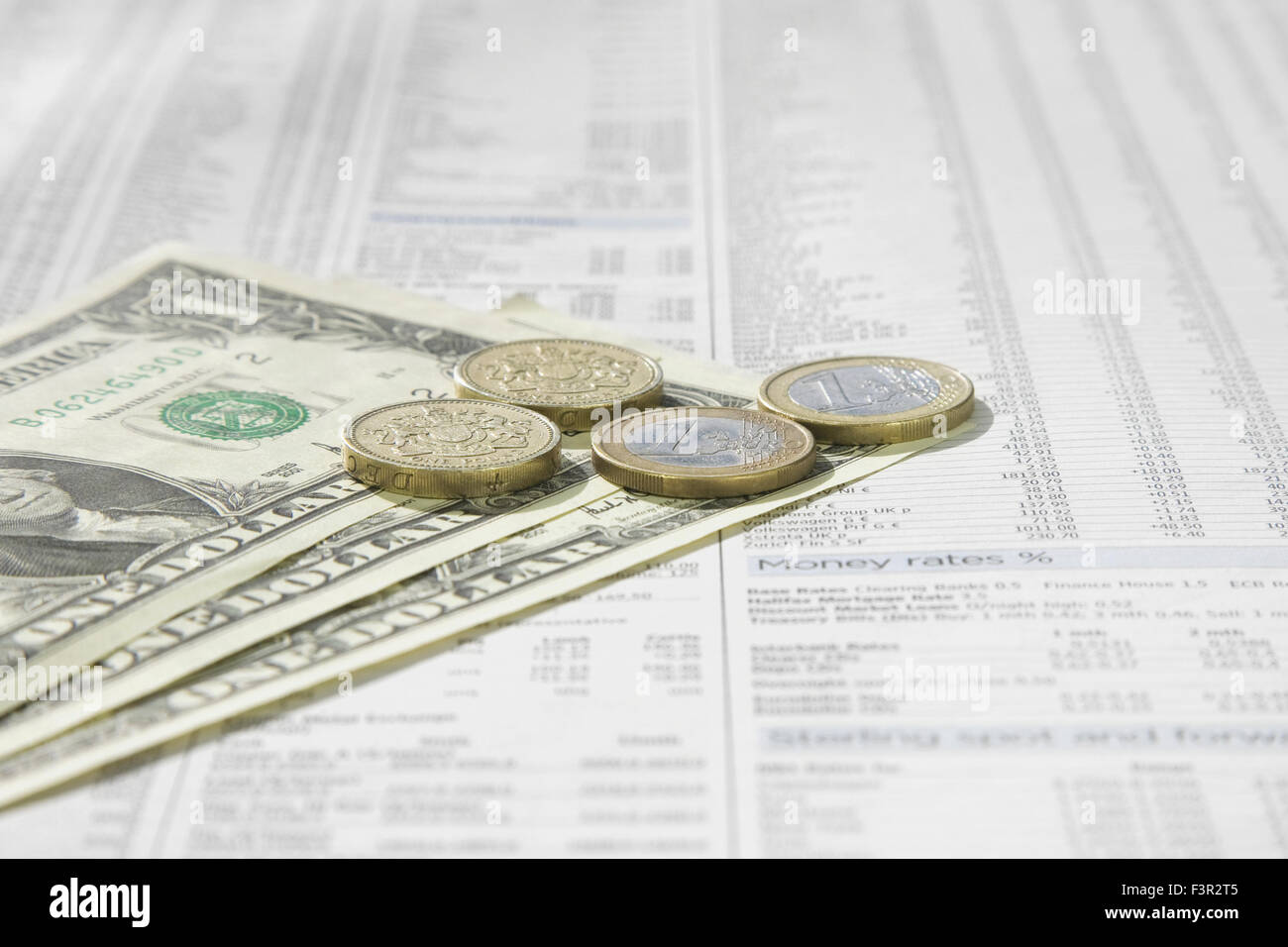 Ein Dollar-Note, ein britisches Pfund und ein Euro-Münzen auf einer News Papier Börse finanzielle Seite zeigen, Aktien und Anteile Stockfoto
