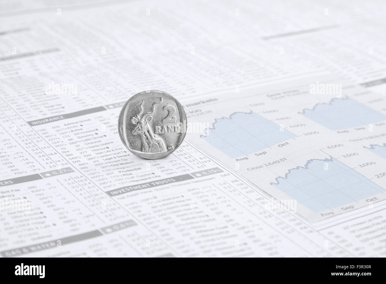 South African Rand Münze auf einer News paper Börse finanzielle Seite mit Aktien und Anteile Stockfoto