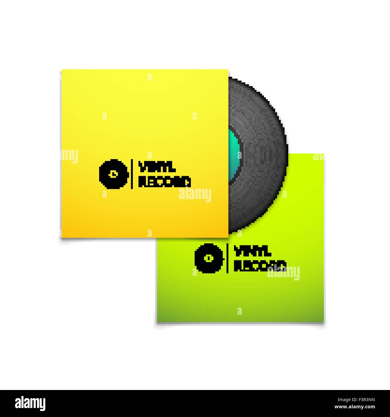 Schwarze Vintage Vinyl-Schallplatte mit gelben und grünen Blindabdeckung Fall isoliert auf weißem Hintergrund Stock Vektor