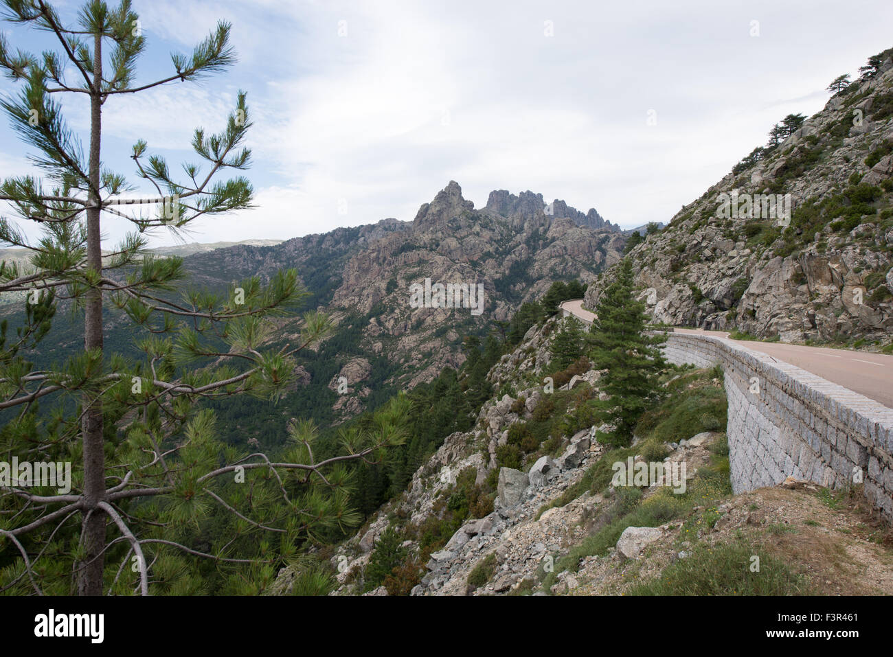 Aiguilles de Bavella gesehen von der Straße, Korsika, Frankreich Stockfoto