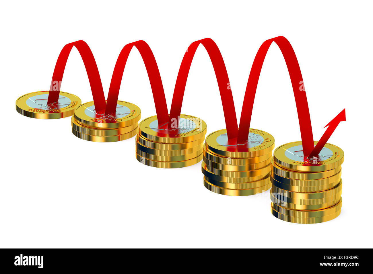 Business-Grafik mit Pfeil und Münzen isoliert auf weißem Hintergrund Stockfoto