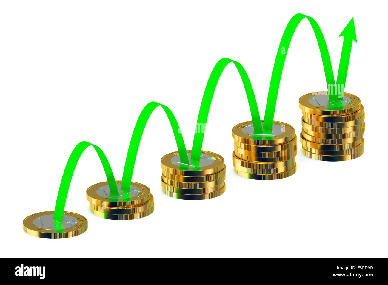 Business-Grafik mit grünen Pfeil und Münzen isoliert auf weißem Hintergrund Stockfoto