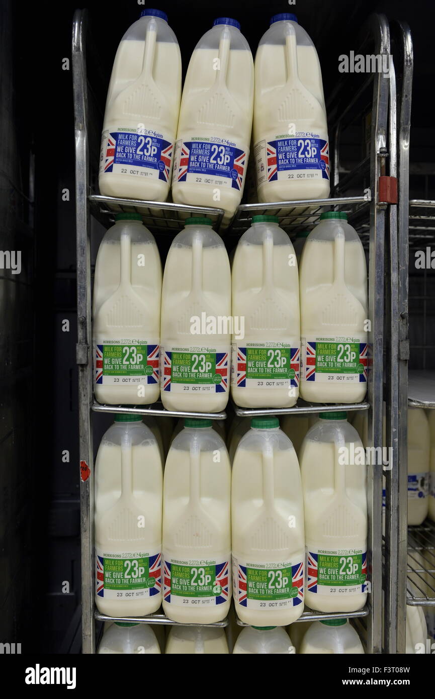 Carlisle, Cumbria, UK. 12. Oktober 2015. Supermarktkette Morrisons lanciert eine neue Milch und Käsemarke, wo die Bauern liefern die Milch mehr für ihre Produkte bezahlt werden. Morrisons geben die Fame £0. 23p für eine vier Bier Flasche halb mager- oder voll Milch und £0. 34p für eine Packung mit Käse. Diese Milch und Käse Produkte sind für den Verbraucher bei einem höheren Preis verkauft: Kredit-12. Oktober 2015: STUART WALKER/Alamy Live News Stockfoto