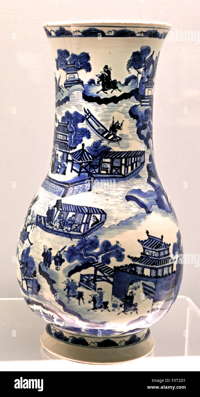 Blau-weiße Vase mit Szenen des West Lake Jingdezhen Ware 1662-1722 AD Kangxi Herrschaft (Qing-Dynastie) Shanghai Museum alter chinesischer Kunst China Stockfoto