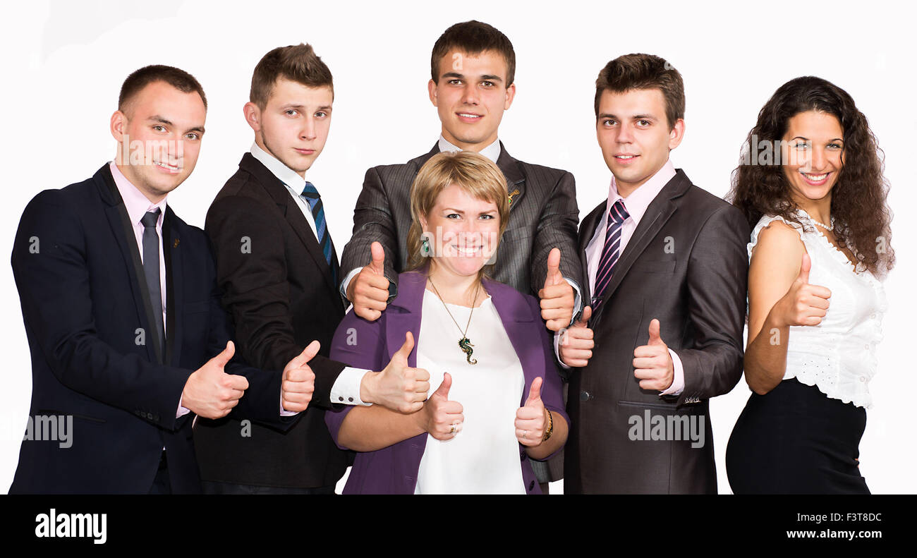Erfolgreiche Geschäftsleute mit Daumen nach oben und lächelnd Stockfoto