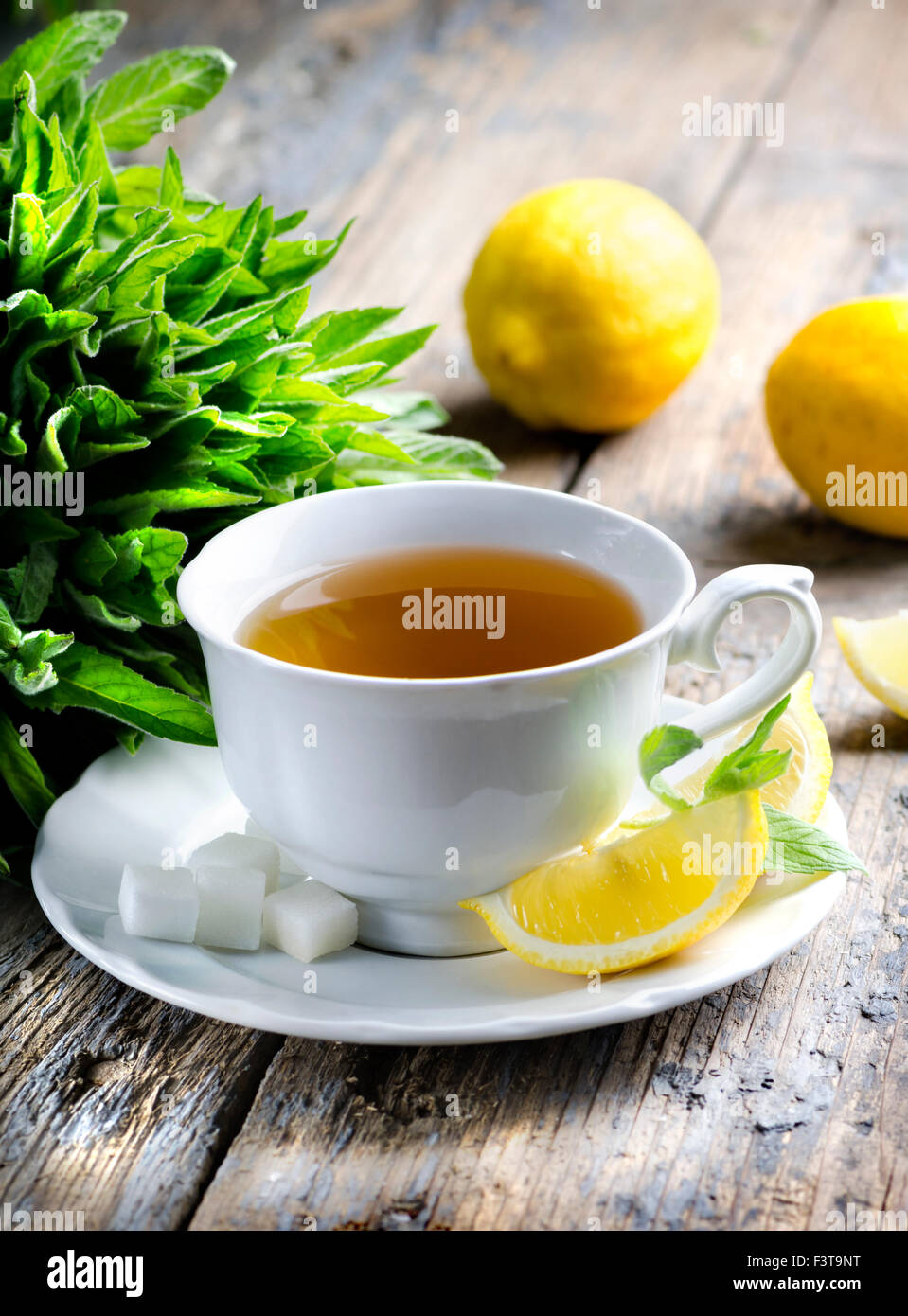 Tasse Tee mit Minze und Zitrone Scheiben. Stockfoto