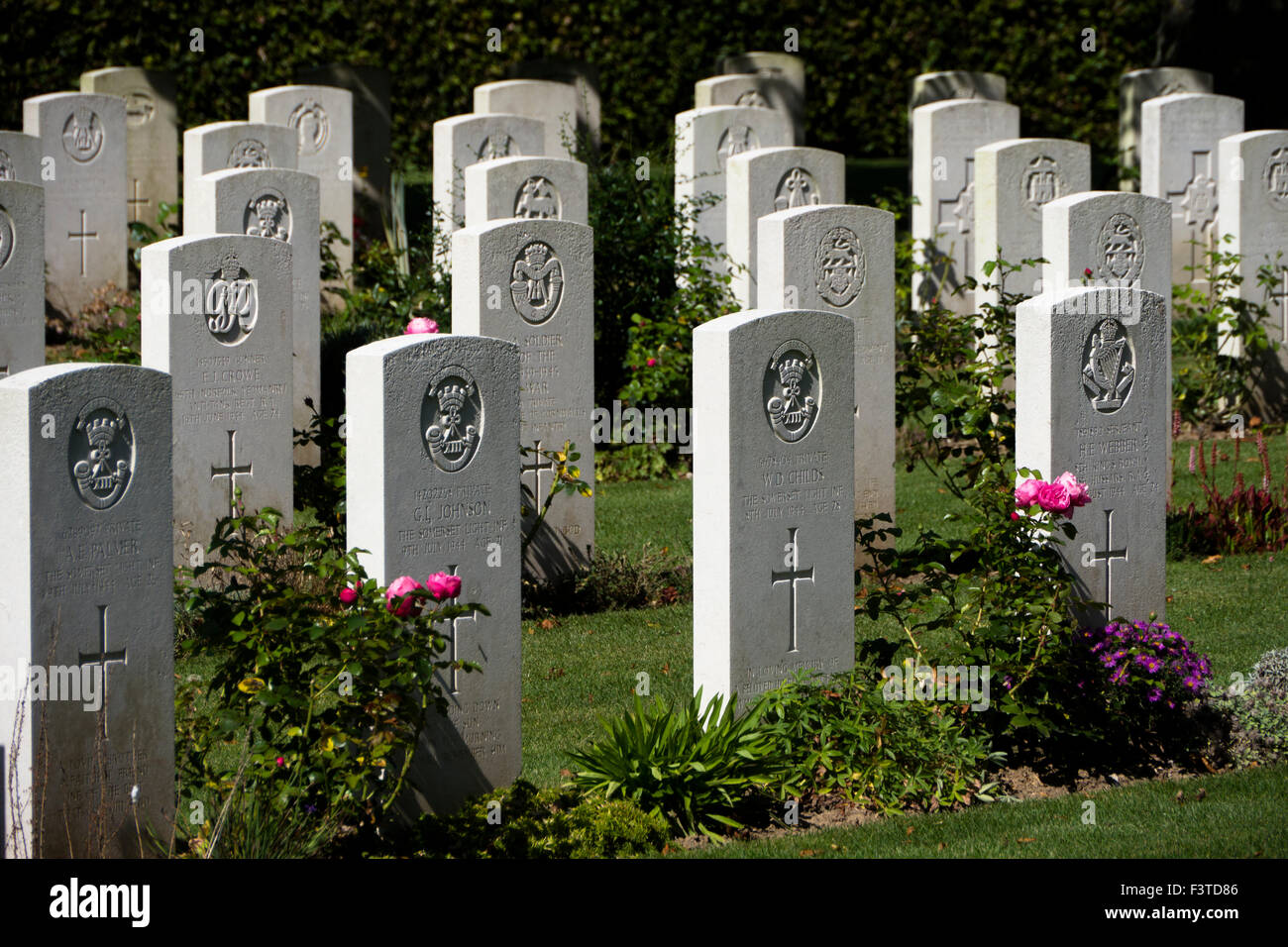 Kriegsgräber. Bayeux Soldatenfriedhof, Normandie, Frankreich Stockfoto